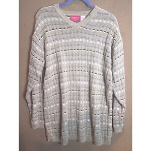 Liz Claiborne Liz & Co Sweater Mens Medium Tan Blue Striped V-Neck Knit Pullover